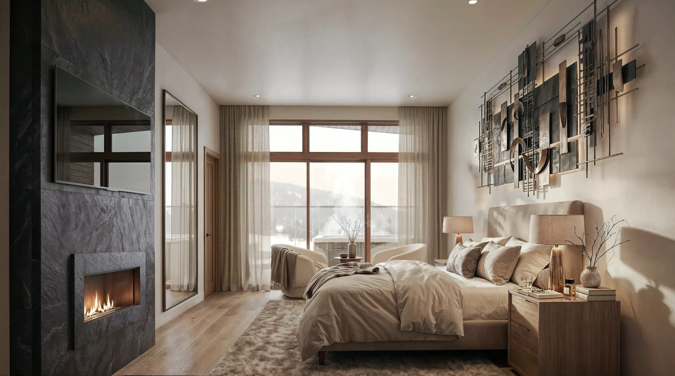 Powder Peak primary suite with linear fireplace in winter