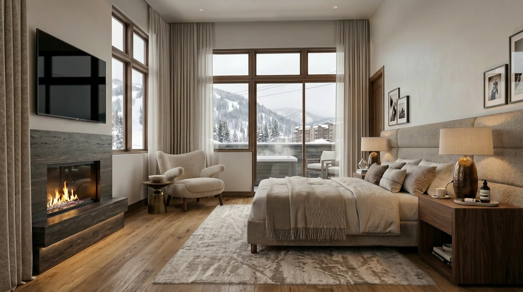 Powder Peak primary bedroom with fireplace and winter slope view