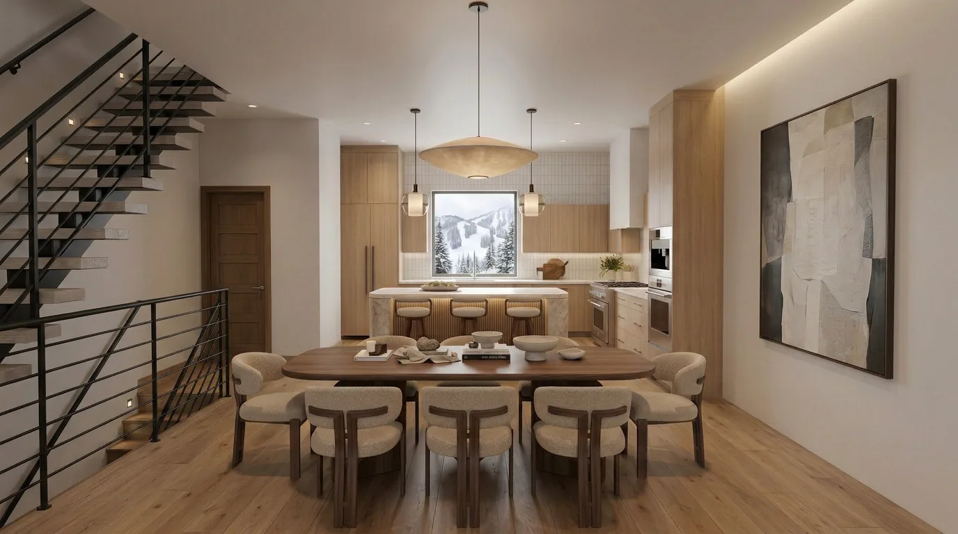 Powder Peak residence kitchen with floating stair and mountain window in winter