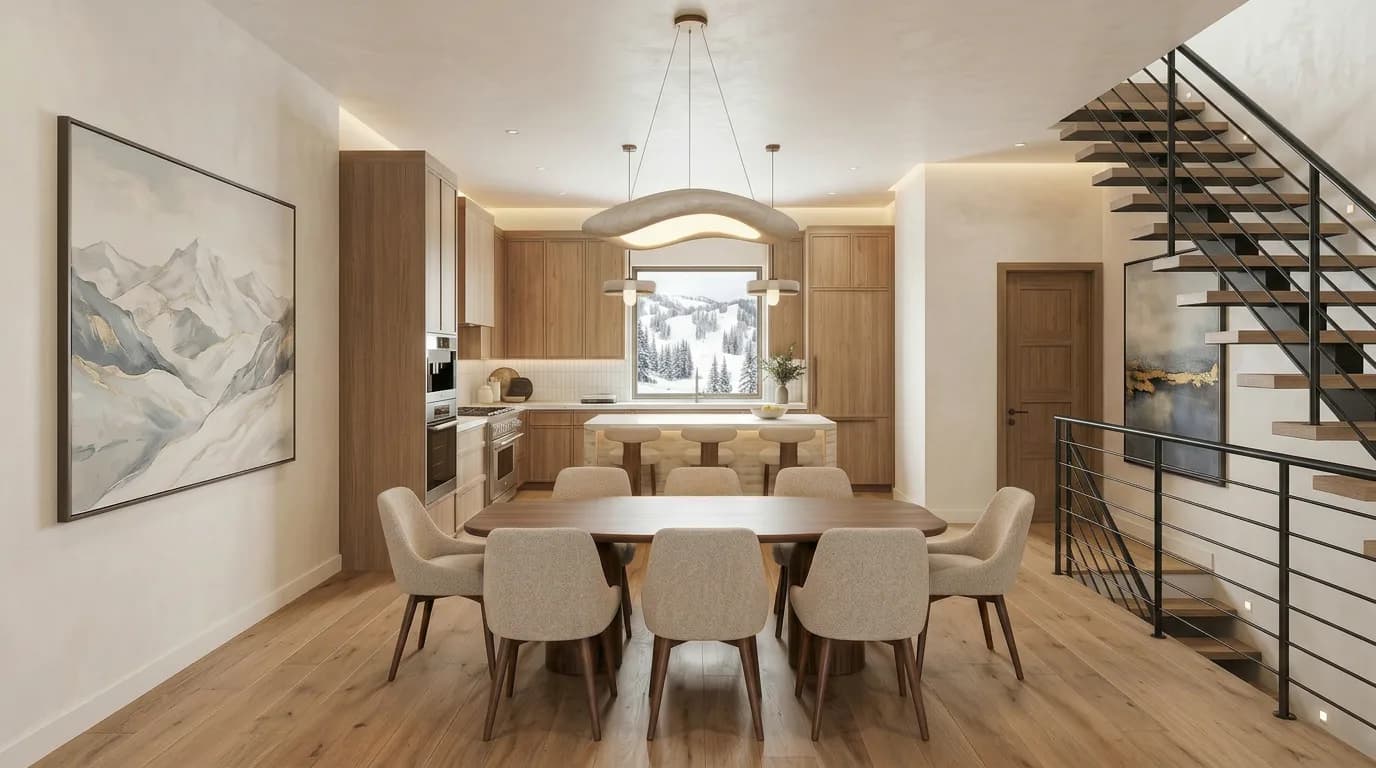 Powder Peak residence kitchen and dining framed by the winter mountain