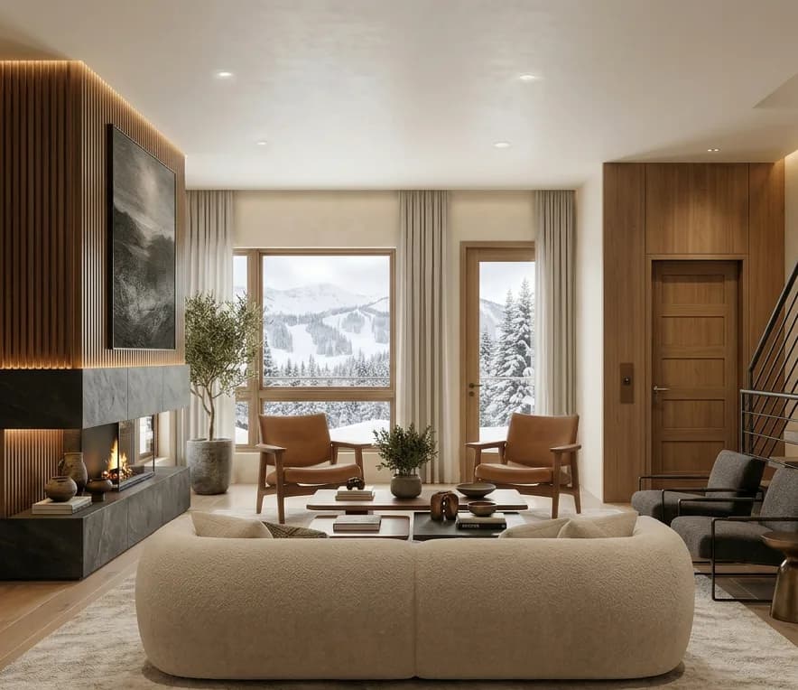 Powder Peak residence living room with stone hearth and winter mountain view