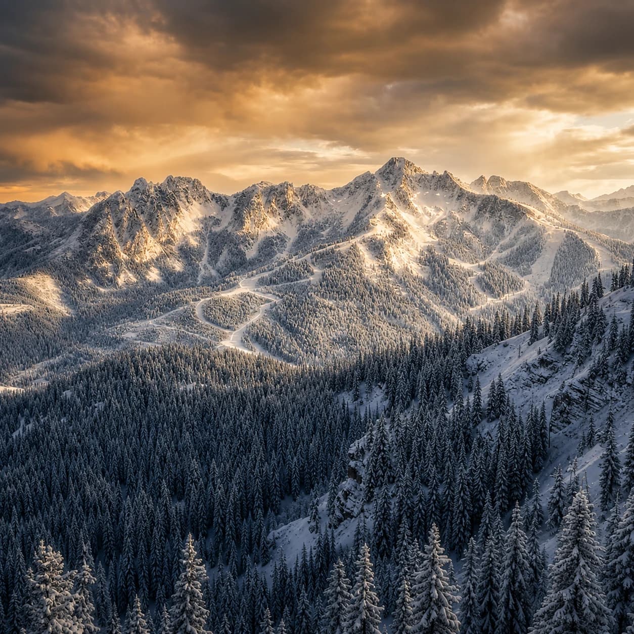 Snow-dusted Glacier National Park peaks at golden hour