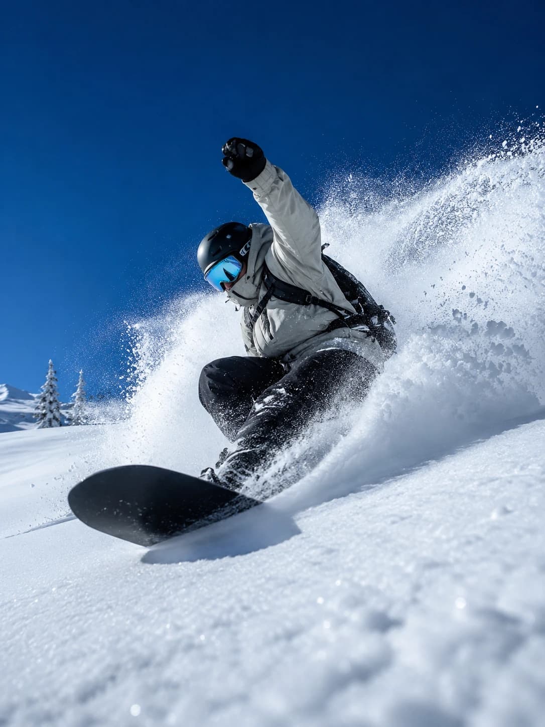 Snowboarder carving deep powder at Whitefish Mountain Resort
