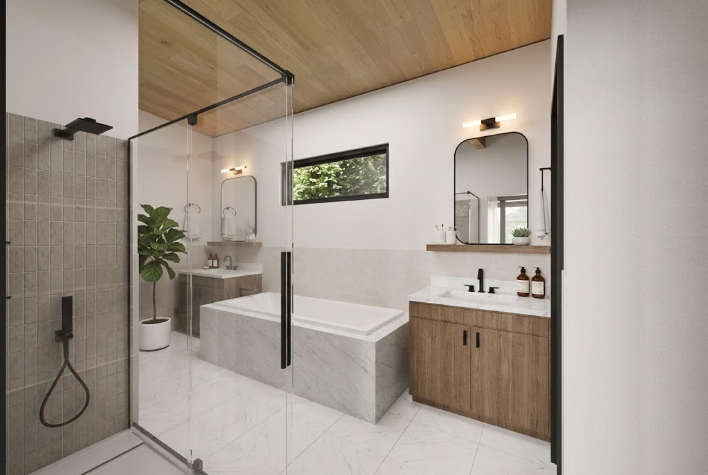 Ensuite bathroom with glass shower enclosure, marble soaking tub, and clerestory window