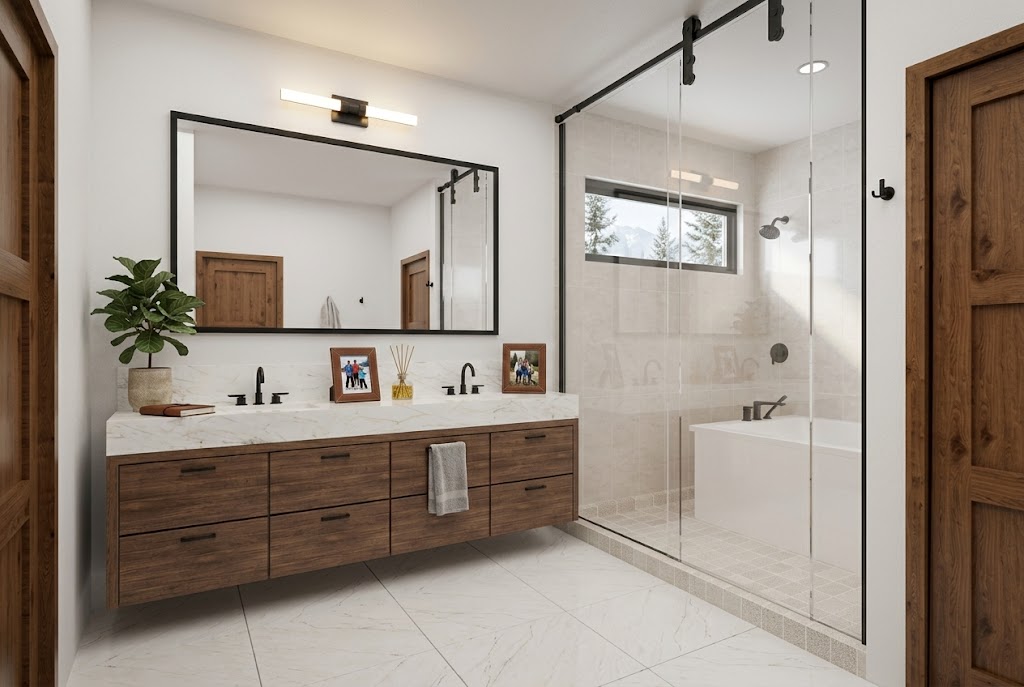 Primary bathroom with dual walnut vanities, marble counters, and walk-in shower