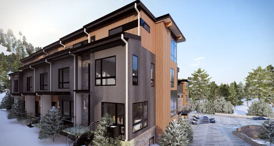 Architectural exterior rendering of Powder Peak Building B, in Whitefish, Montana, home to residence B103