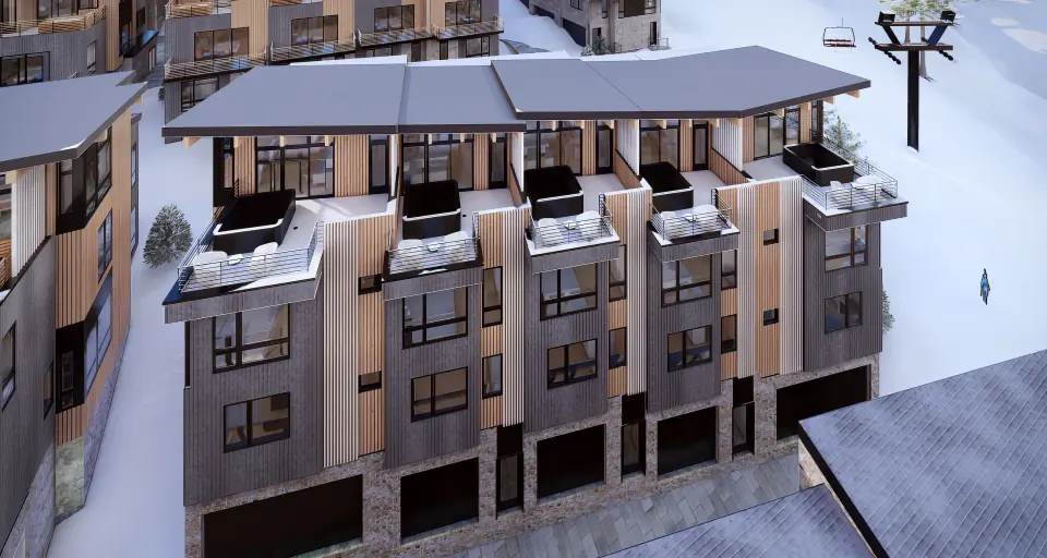 Architectural exterior rendering of Powder Peak Building C, in Whitefish, Montana, home to residence C103