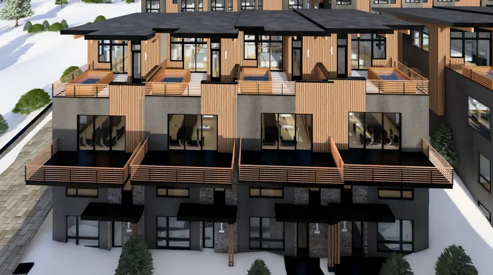 Architectural exterior rendering of Powder Peak Building D, in Whitefish, Montana, home to residence D102