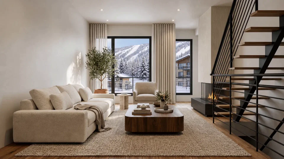 C103 living-room interior rendering with warm wood finishes and mountain views