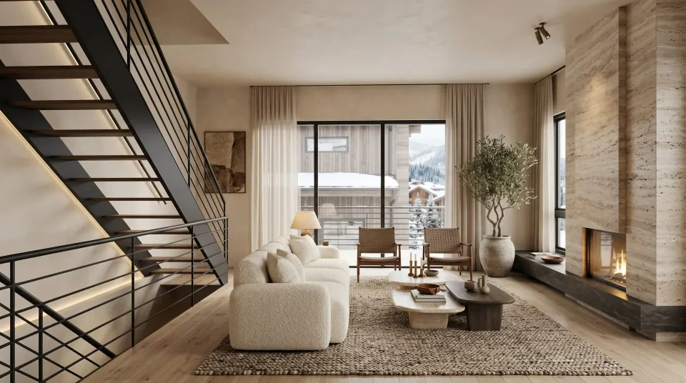 D102 living-room interior rendering with a fireplace and mountain-facing windows