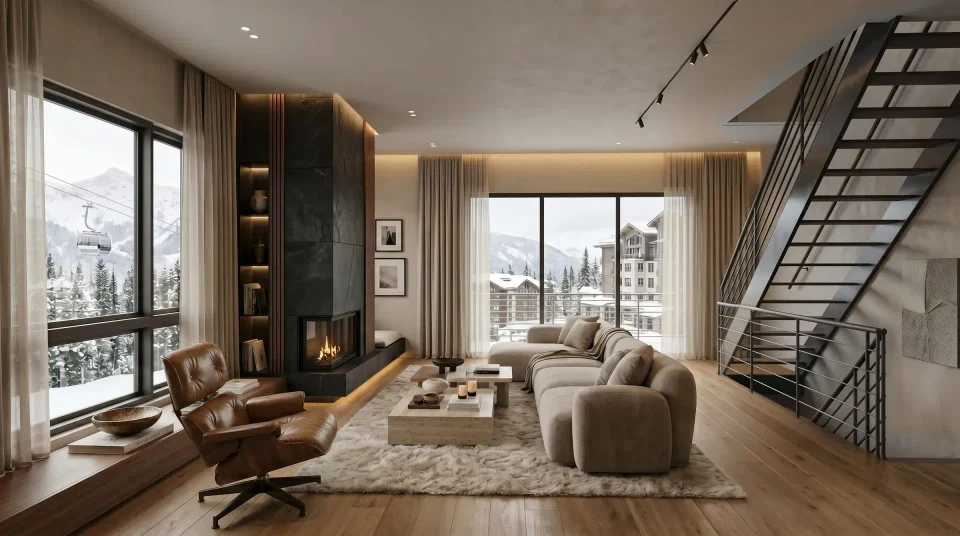 Interior rendering used for the E104 end-residence layout, showing the living room and fireplace