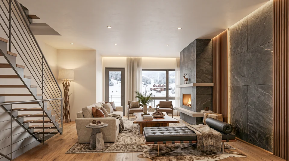 Illustrative Powder Peak living-room concept with a stone fireplace and mountain windows; not a unit-specific depiction of B103
