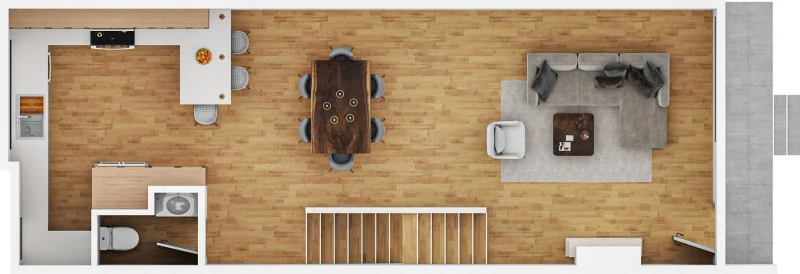 B103 living-level illustration showing the kitchen, dining area, living room, stairs and half bathroom