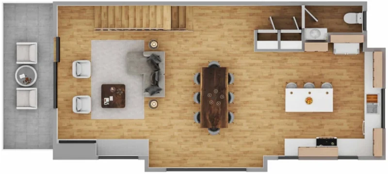 End-residence living-level illustration showing a terrace, living and dining areas, kitchen island, stairs and half bathroom